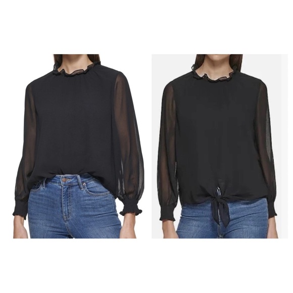 NWT Calvin Klein Black Ruffle Neck Double Layer Long Sleeve Chiffon Blouse XL - Picture 1 of 10